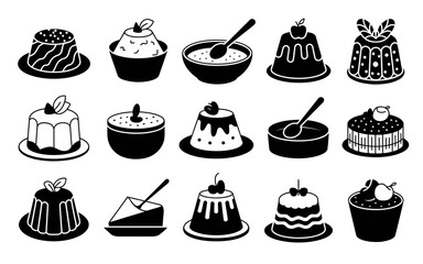 Vector art of black and white vector icons of various puddings