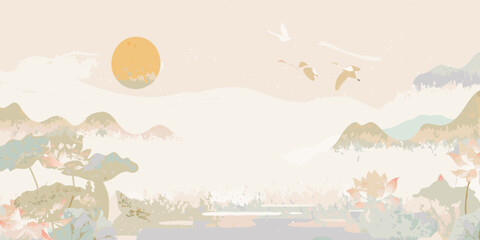 Tranquil asian landscape with mountains lotus flowers a serene lake and birds flying under a soft sun © Rahul