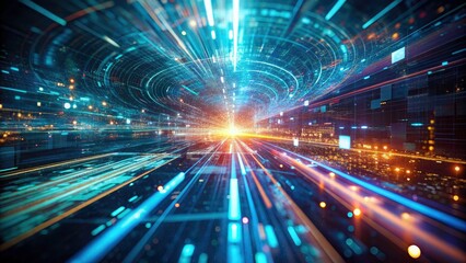 Luminous Binary Data Flow: Abstract Tilt-Shift Tech Art, Digital Lines,  Cyberpunk Aesthetic
