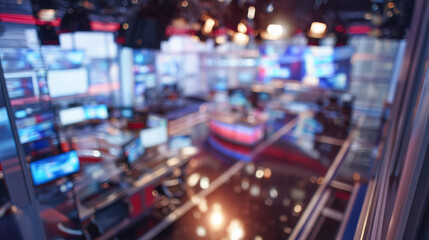 blurred news studio background with empty anchor desk and broadcast screens, abstract backdrop for media design, journalism projects, and TV production themes