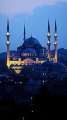 Lit Suleymaniye Mosque at Dusk in Istanbul, Turkey Skyline Architecture