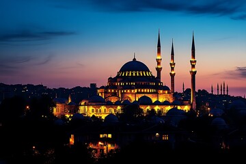 Lit Up Mosque with Minarets at Twilight in Istanbul, Turkey Architecture