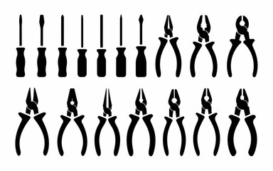 Vector art of collection of black silhouette pliers and screwdrivers