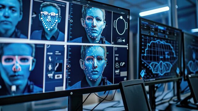 Human faces on screens of biometric identification system in surveillance security room, facial recognition with AI technology on monitors