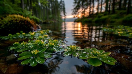 Naklejka premium Immersive Green Watercourse Composition with Radiant Reflections in Wetland Pond – Nature-Inspired Visual for Eco Wellness Campaigns