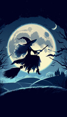 A Witch Flying on a Broomstick in Front of a Full Moon