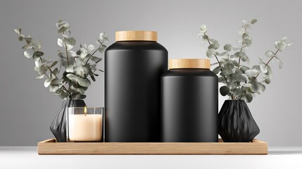 Black containers with wood lids sit on a tray with a candle and eucalyptus sprigs against a gray background