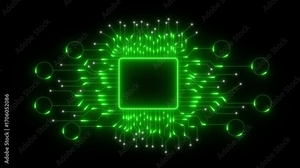 Poster green circuit tech glows with digital energy. ai and microchips power smart, futuristic systems. glo