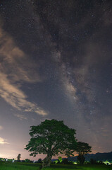 Milky Way shining, trees and hut in the middle of a rice field on a starry night. Space landscape with milky way. Night view. Travel background. Concept.