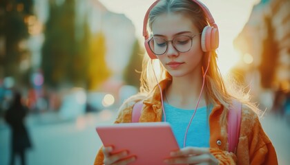 Teenage Girl Using Headphones With Tablet For Social Networking: Interacting With Gadgets In The Digital Age. Impact Of Social Media.