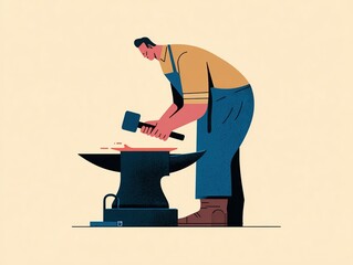 Blacksmith Working at Anvil with Hammer in Artistic Illustration