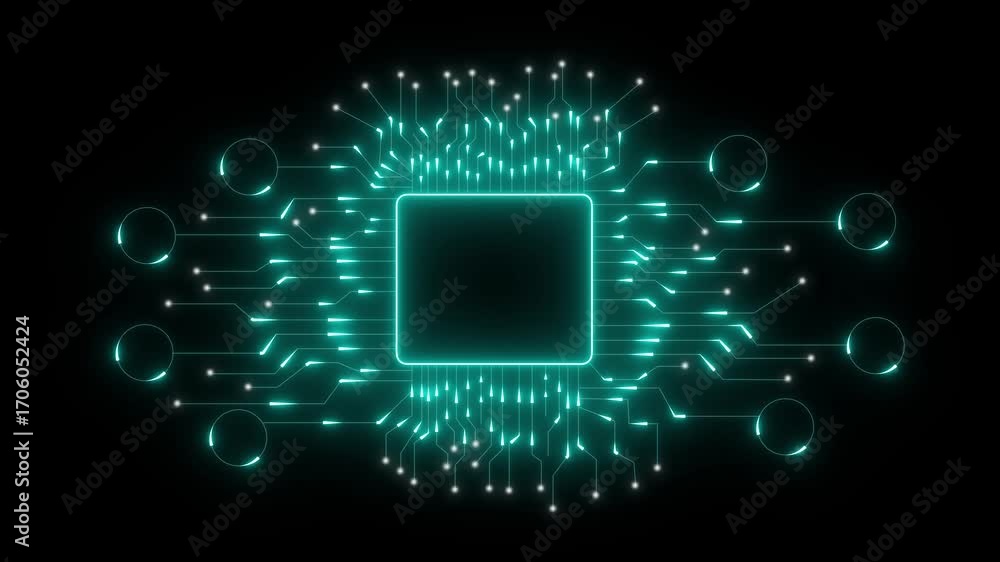 Poster neon circuits connect chips and processors for smart digital systems. ai powers futuristic innovatio