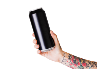 Hand holding a black aluminum can transparent png