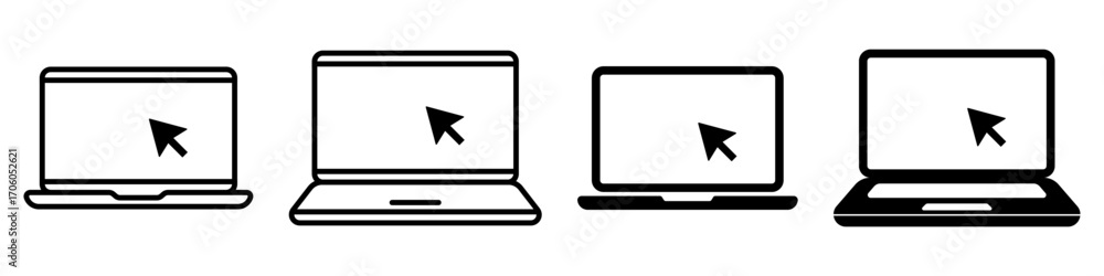 Aufkleber set of laptop vector icons on differents style with pointer or cursor icon. notebook screen. monitor