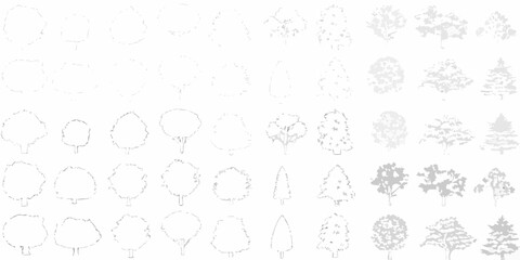 Collection of hand drawn outline and shaded tree illustrations in various shapes and sizes