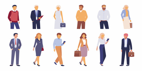 Diverse group of professional men and women in business attire standing and walking with accessories