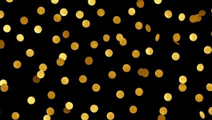 A festive design features many gold circles scattered across a black background.