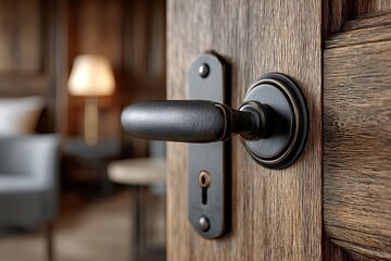 Obraz premium Metal door handle mounted on a classic wooden door, slightly ajar, revealing a warm and inviting room with soft lighting and comfortable furniture, creating a sense of welcome and tranquility