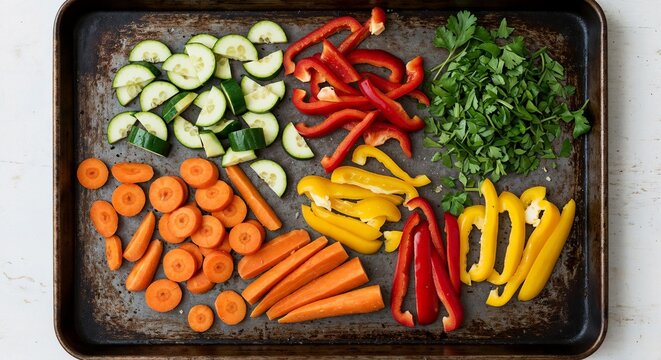 Assorted colorful vegetables arranged on rustic baking tray   - Powered by Adobe