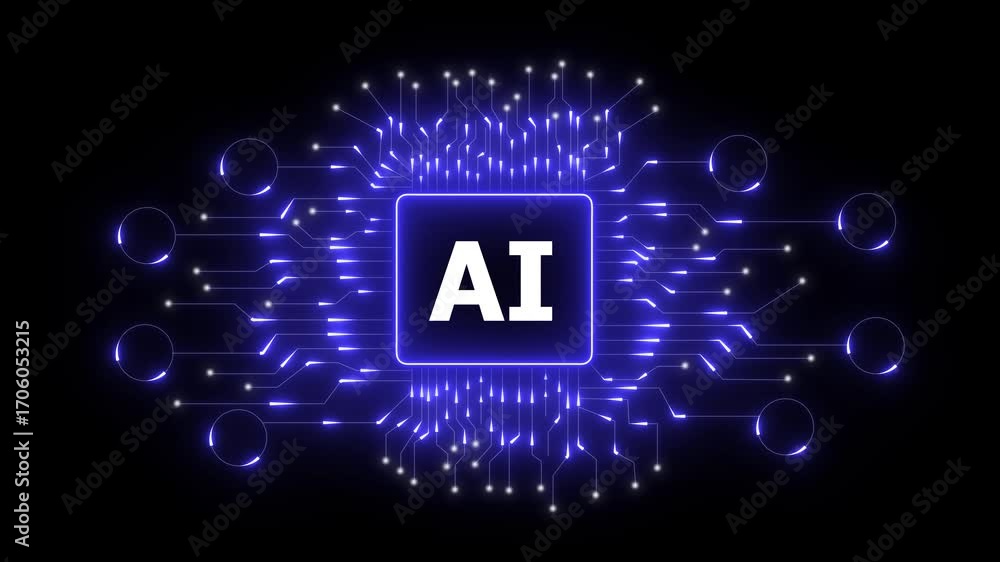 Poster glowing ai circuit board with pulsing lights on black background artificial intelligence. technology