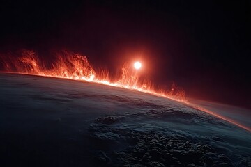 Huge flames rising above the horizon of a frozen planet with a red sun shining in the distance, creating a dramatic and otherworldly scene of fire and ice in outer space