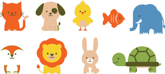 Obraz premium Cartoon Animal Set Cat, Dog, Chick, Fish, Elephant, Fox, Lion, Rabbit, Turtle on White