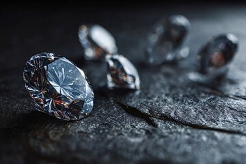 Brilliant cut diamonds sparkling intensely on a dark, textured stone surface, creating an atmosphere of luxury and elegance, highlighting their brilliance and clarity in every detail