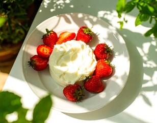 Fresh strawberries and creamy dessert on a plate, sunlit