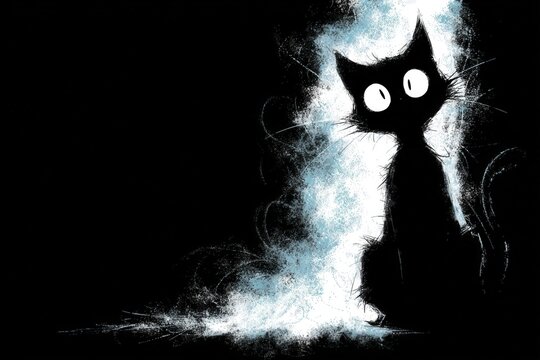 Mysterious black cat depicted in street-art style against dark backdrop