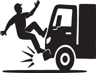 A black-and-white silhouette illustration showing a person being struck by a truck. The individual is airborne, with one leg raised and arms flailing, while the truck’s front bumper makes contact with