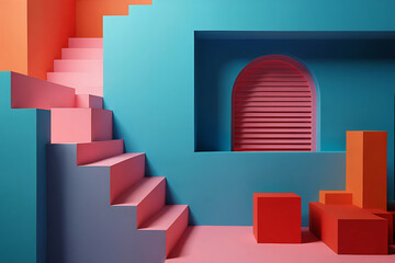 Colorful abstract interior with pink and blue stairs and cubes