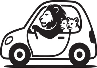 A black-and-white silhouette illustration showing three lions inside a car. The adult lion sits in the driver’s seat, while two younger lions (possibly cubs) are seated in the back. The car is rendere