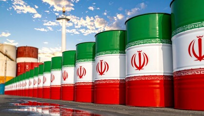 Row of oil barrels painted with Iranian flag—green, white, and red stripes with emblem and Persian script—symbolizing national identity and oil industry presence.