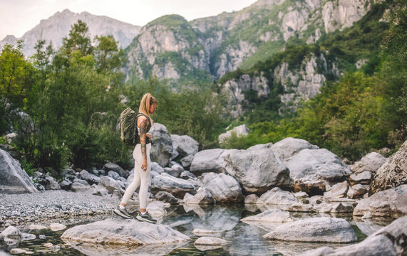 Woman Traveler Hiking Alone in Albanian Alps