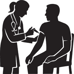 A black-and-white silhouette illustration showing a medical professional administering a vaccine or injection to a seated individual. The professional wears a stethoscope and appears focused, while th