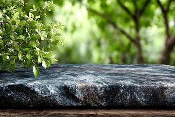 Empty stone table with green leaves and blurred forest background creating a serene and natural setting, ideal for displaying products or showcasing designs