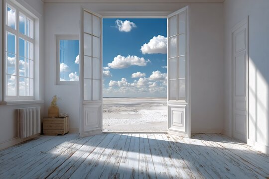 Sunlight streams into a minimalist white room, illuminating a weathered wooden floor and open double doors revealing a breathtaking vista of a cloudy sky over a serene, otherworldly seascape