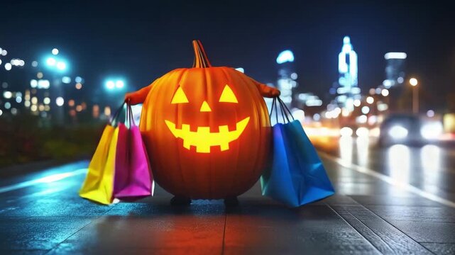 A cheerful pumpkin with a glowing carved face holds bright shopping bags in a bustling city at night. Halloween sales and offers