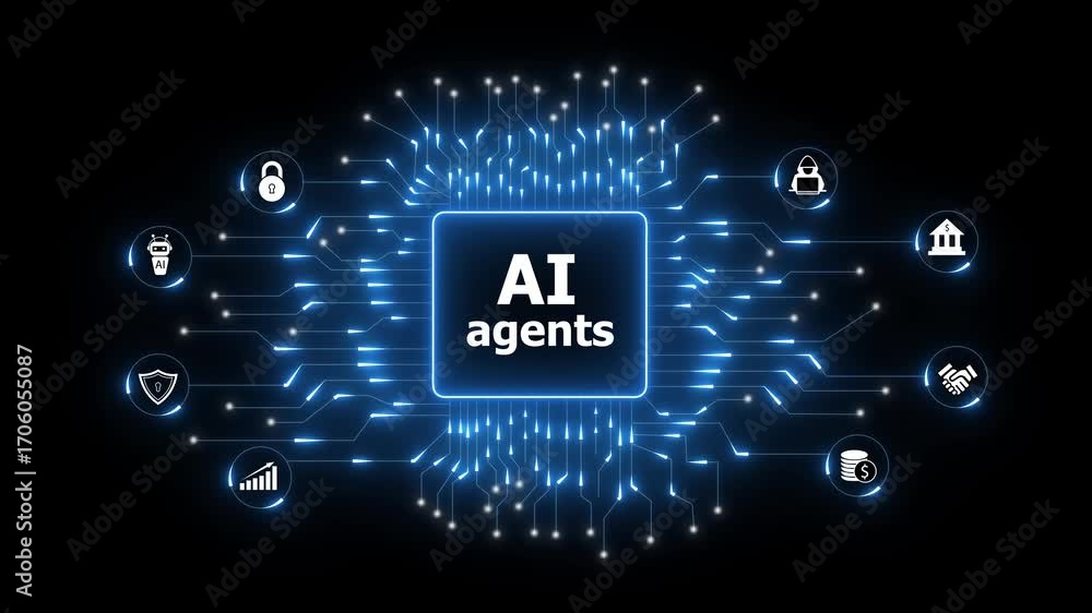 Poster ai agents connect to security finance robot and banking systems artificial intelligence. ai agents a