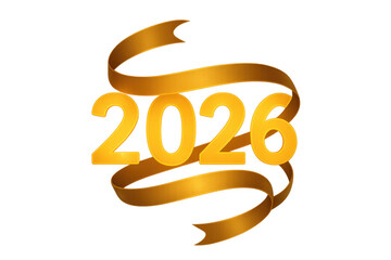 Golden 2026 sign with elegant ribbon on transparent background