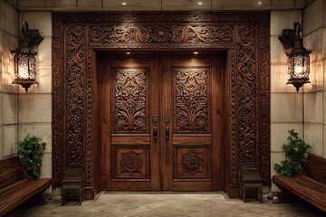 Fototapeta premium Intricately carved wooden double doors, framed by ornate detailing and flanked by lanterns, create a grand and elegant entrance to a luxurious residence