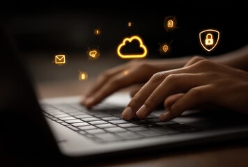 Close-up of dark-skinned hands typing on a laptop, overlaid with glowing, stylized icons relating to cloud computing and online security
