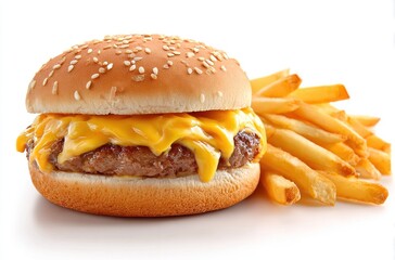 Delicious juicy cheeseburger with melted cheese, sesame seed bun, and side of golden french fries on a plain white background