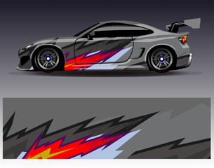 Naklejka premium Car wrap design vector. Graphic abstract stripe racing background designs for vehicle, rally, race, adventure and car racing livery