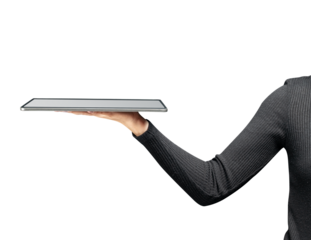 Png hand presenting invisible hologram projecting from tablet advanced technology