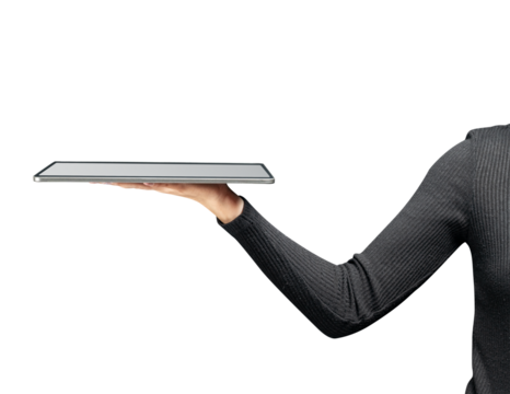 Png hand presenting invisible hologram projecting from tablet advanced technology