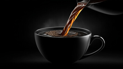 Pouring coffee into a black cup with dark background creating a simple and elegant image style