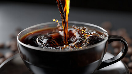 Pouring dark coffee into a black cup with coffee beans in the background creating a splash effect