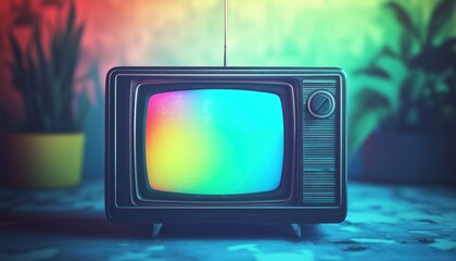 Vintage Television With Antenna In Blue, Red, Green, Purple, Yellow, And Black Colors. Old Retro Tv Mockup Screen Design. Classic Device.