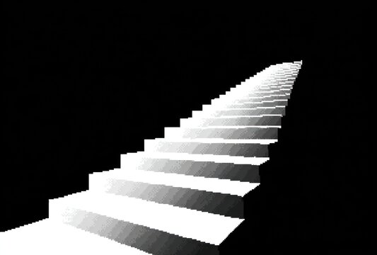 A digitally rendered staircase ascends into a dark void, bathed in a single, dramatic source of light, creating sharp shadows and stark contrast